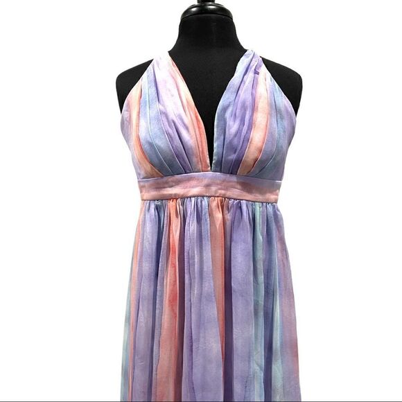 Ever After Pastel Watercolor Deep V-Neck Sheer Tulle Maxi Dress Sz S - Picture 3 of 16
